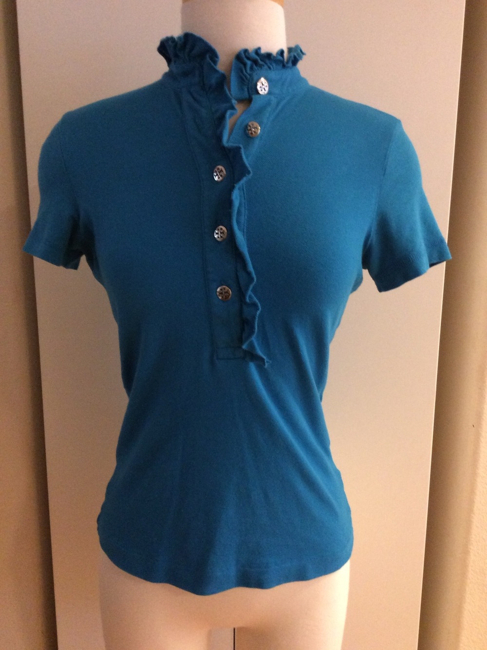 Tory Burch Teal Ruffle-Placket Short Sleeve Top